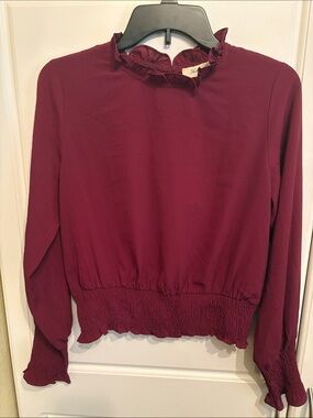 She + Sky Burgundy Ruffle-Neck Long Sleeve Blouse